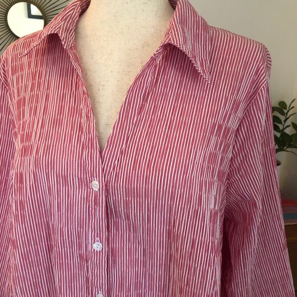 Ulla Popken Red White Seersucker Stripe Button Front Longline Tunic Top 20/22 2X - Picture 2 of 10